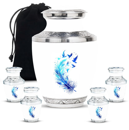 Blue Personalized Feather Cremation Urn for Women - 10-inch, 200 cu in - Yatskia