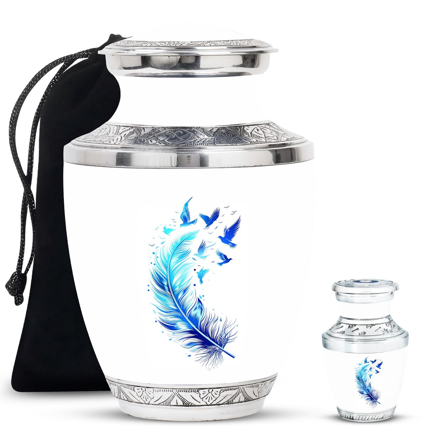 Blue Personalized Feather Cremation Urn for Women - 10-inch, 200 cu in - Yatskia