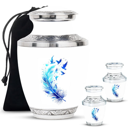 Blue Personalized Feather Cremation Urn for Women - 10-inch, 200 cu in - Yatskia