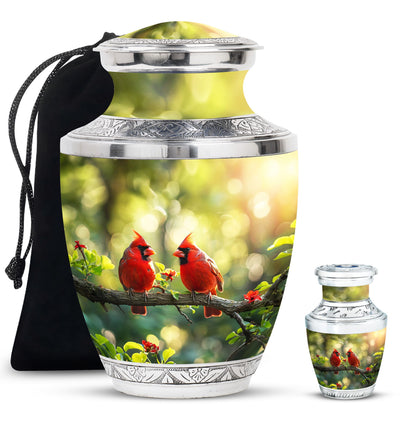 Cardinal Bird Theme Large Urn With 1 Keepsake Urn