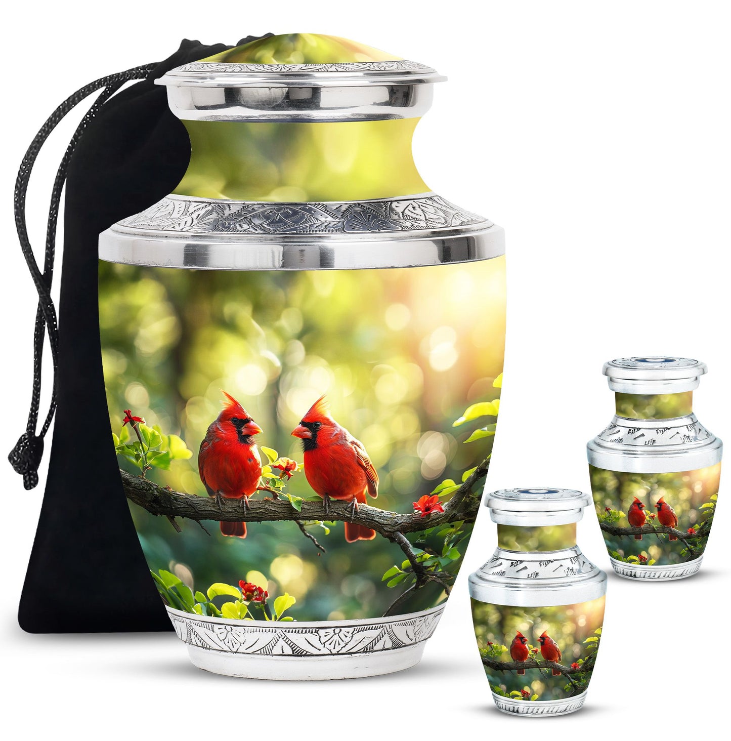 Cardinal Bird Theme Large Urn With 2 Keepsake Urn