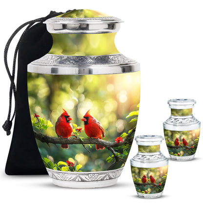 Cardinal Bird Theme Large Urn With 2 Keepsake Urn