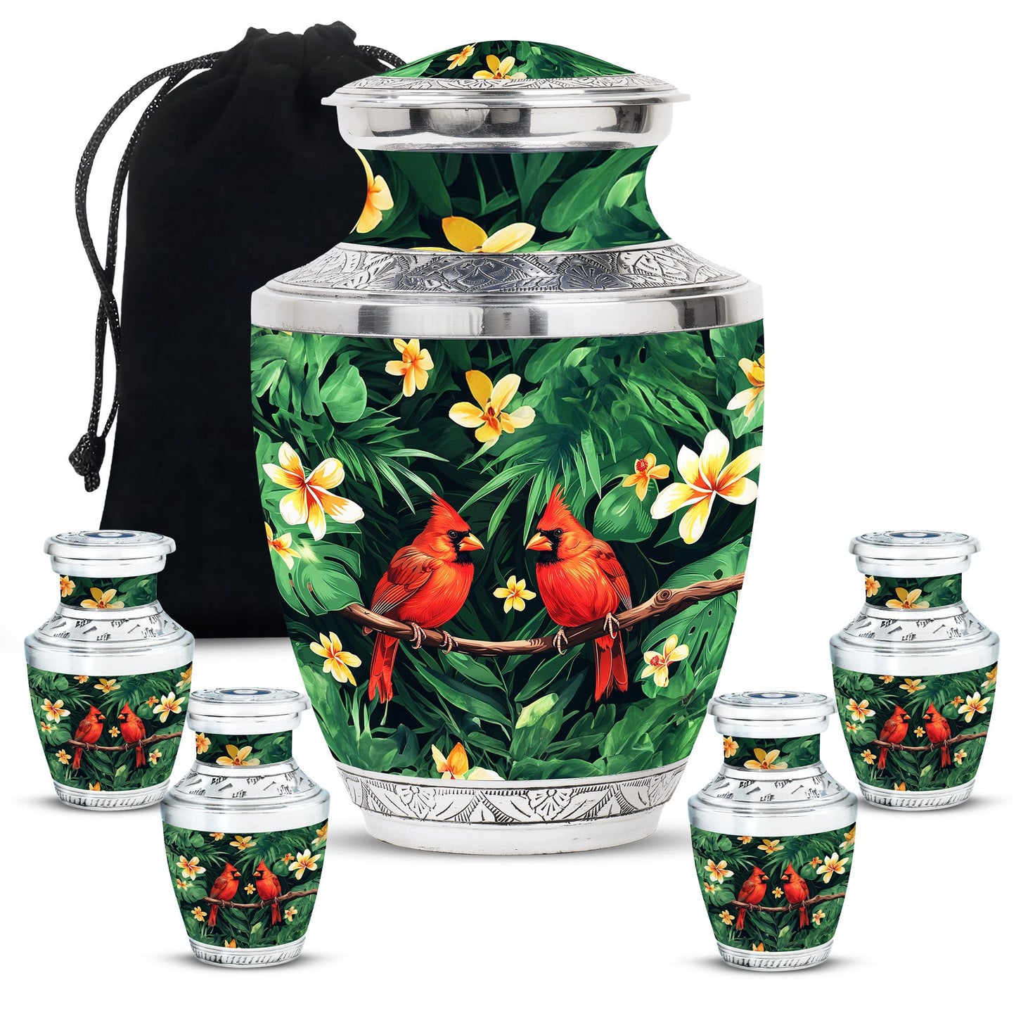 Cardinal Bird Theme Large Urn With 4 Keepsake Urn