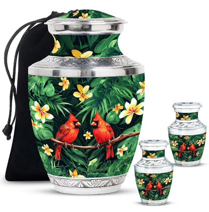 Cardinal Bird Theme Large Urn With 2 Keepsake Urn