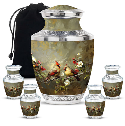 Cardinal Bird Theme Large Urn With 4 Keepsake Urn