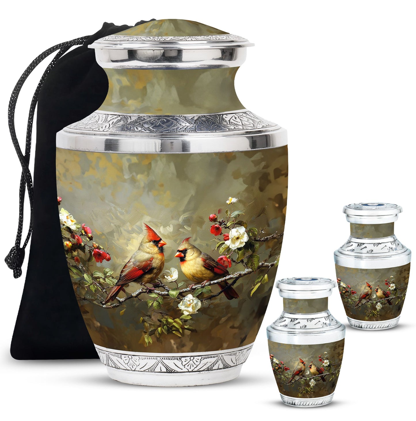 Cardinal Bird Theme Large Urn With 2 Keepsake Urn
