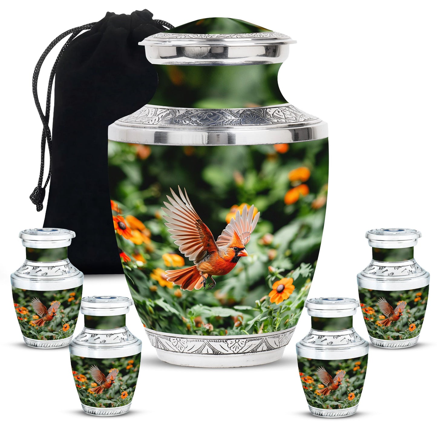 Cardinal Bird Theme Large Urn With 4 Keepsake Urn