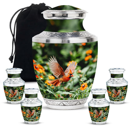 Cardinal Bird Theme Large Urn With 4 Keepsake Urn