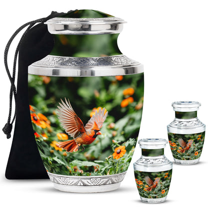 Cardinal Bird Theme Large Urn With 2 Keepsake Urn