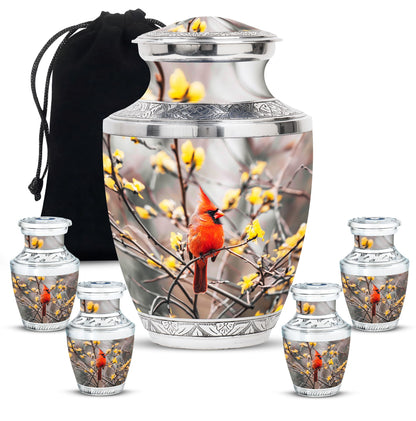 Cardinal Bird Theme Large Urn With 4 Keepsake Urn