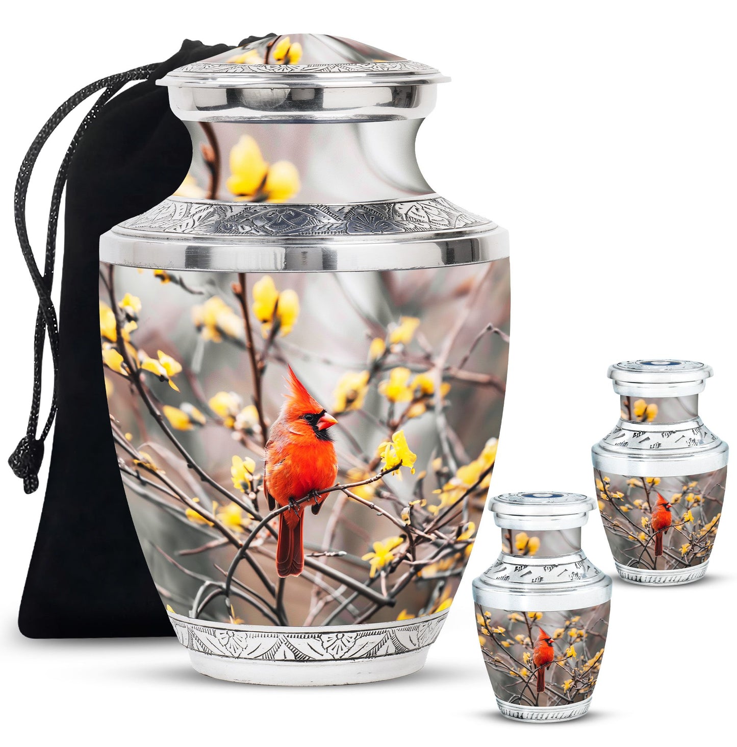 Cardinal Bird Theme Large Urn With 2 Keepsake Urn