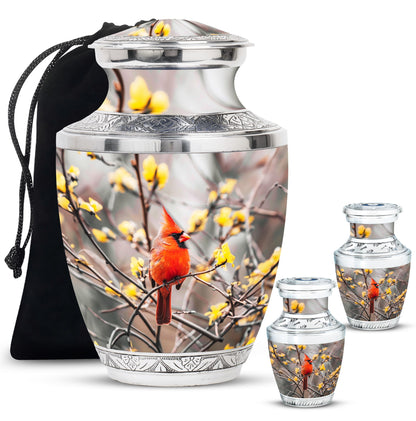 Cardinal Bird Theme Large Urn With 2 Keepsake Urn