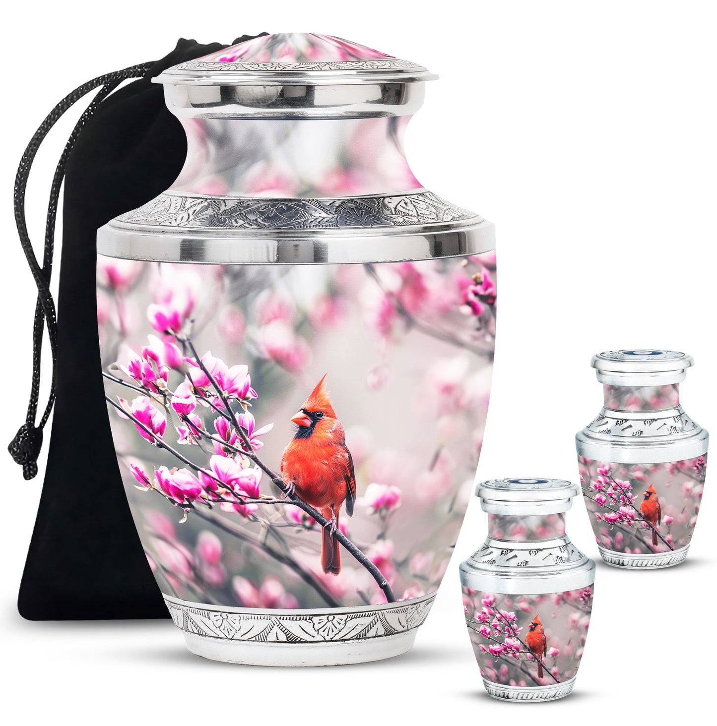 Cardinal Bird Theme Large Urn With 2 Keepsake Urn