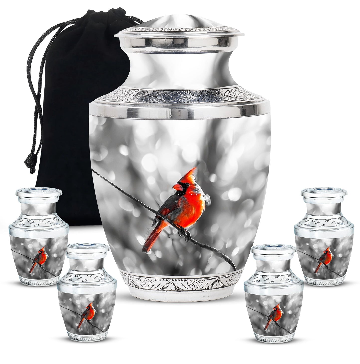 Cardinal Bird Theme Large Urn With 4 Keepsake Urn