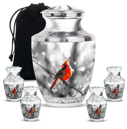 Cardinal Bird Theme Large Urn With 4 Keepsake Urn