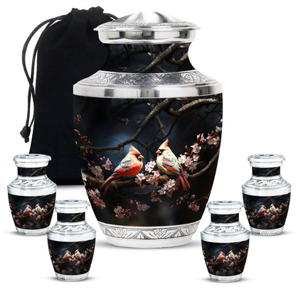 Cardinal Bird Theme Large Urn With 4 Keepsake Urn