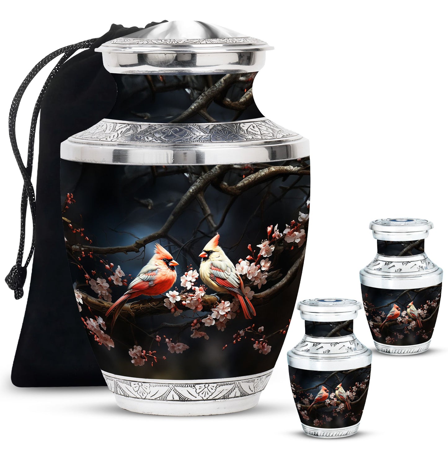 Cardinal Bird Theme Large Urn With 2 Keepsake Urn