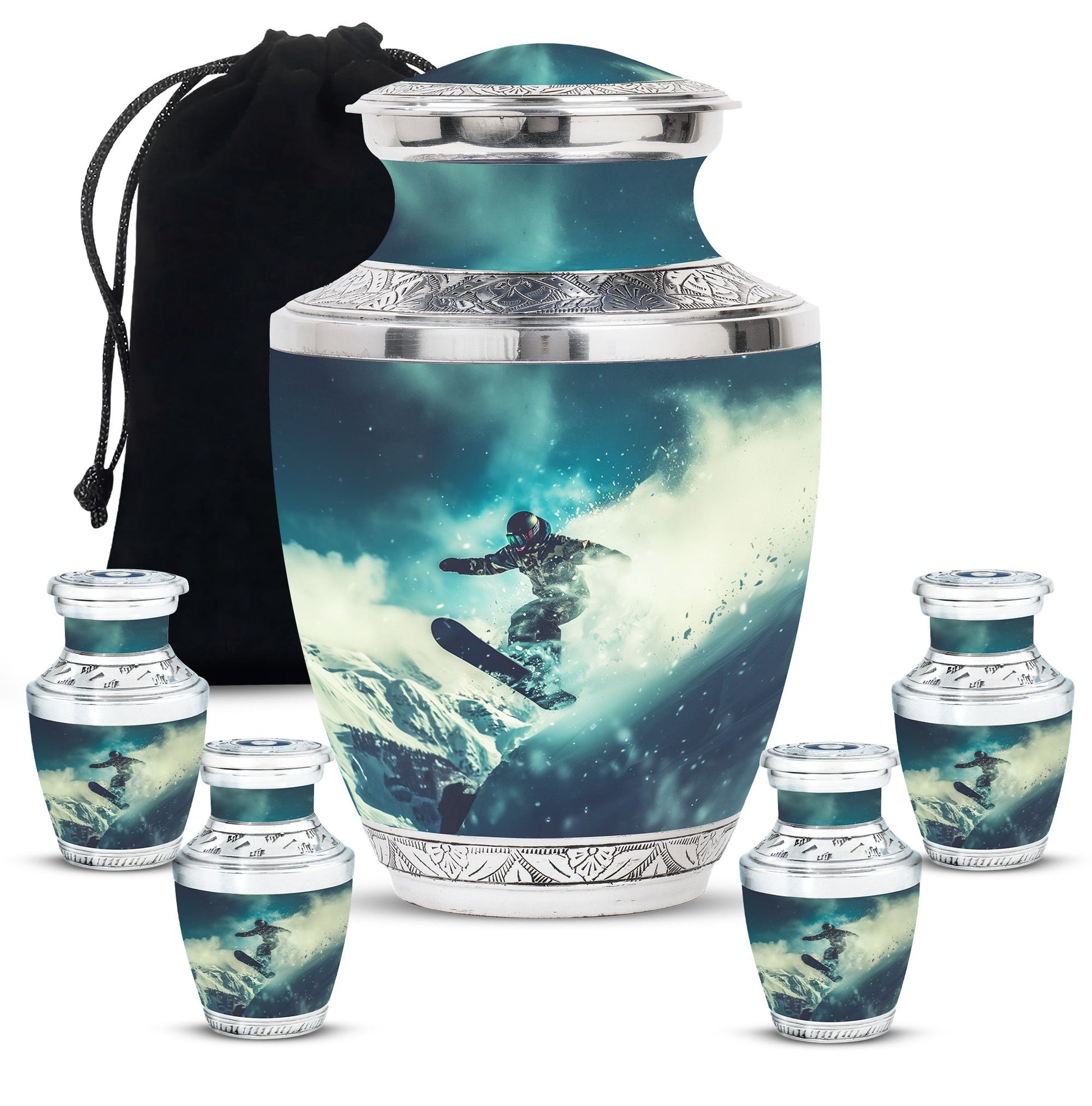 Snowboarding Theme Large Urn With 4 Keepsake Urn