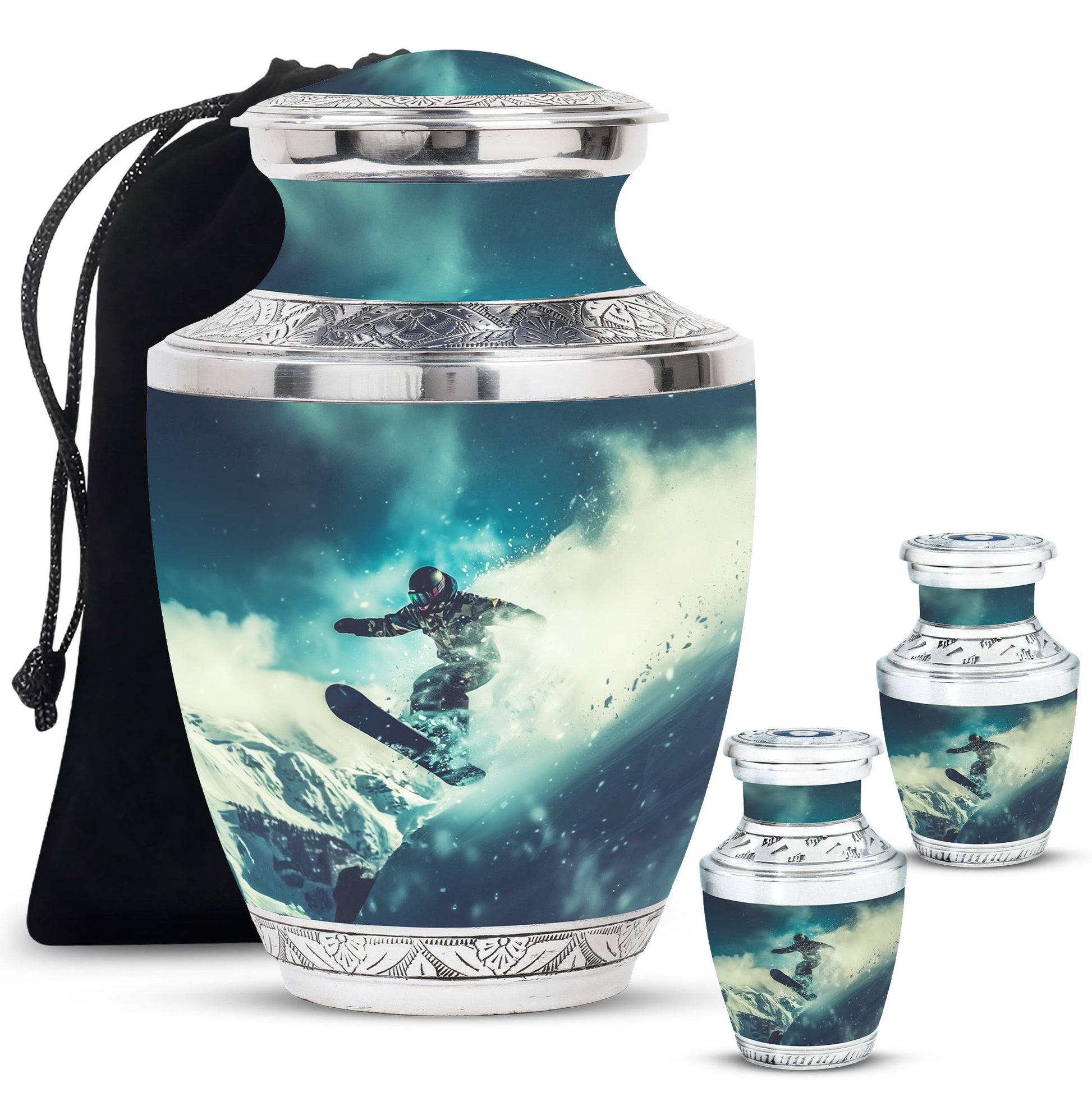 Snowboarding Theme Large Urn With 2 Keepsake Urn