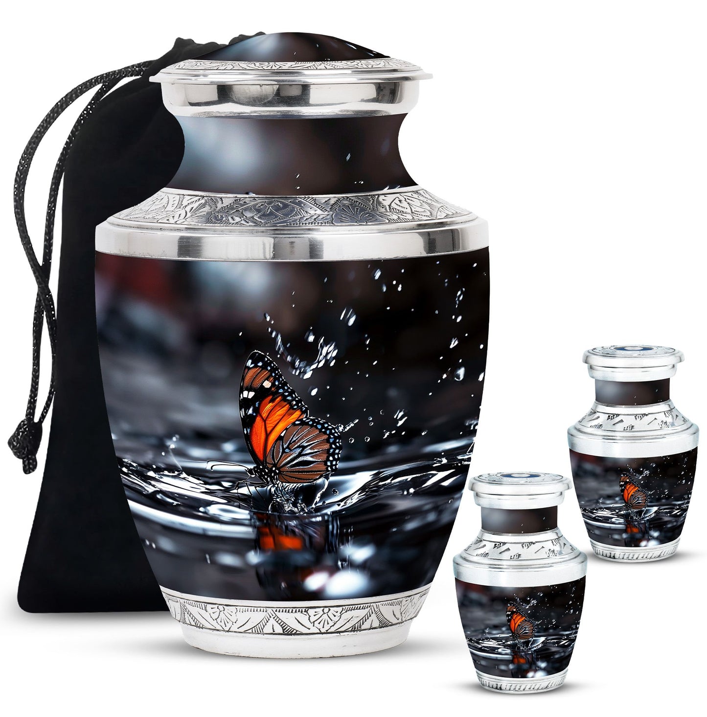 Butterfly Theme Large Urn With 2 Keepsake Urn