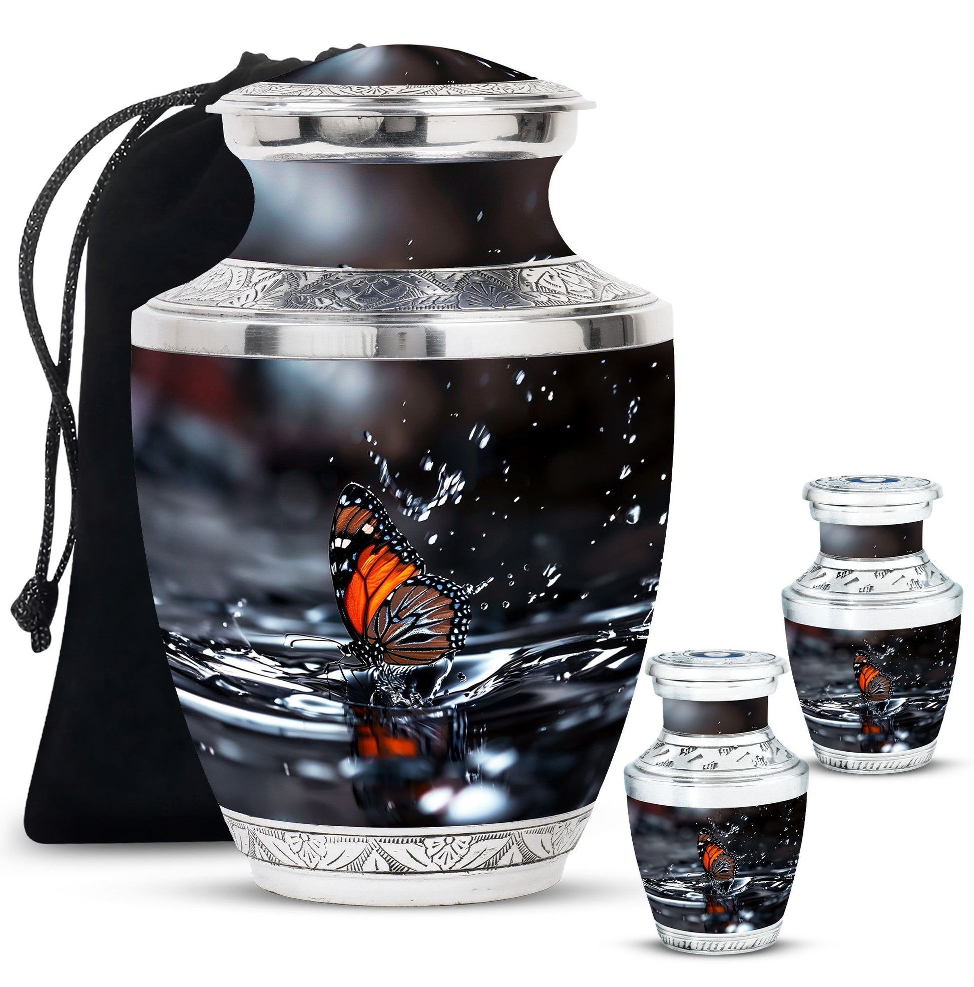 Butterfly Theme Large Urn With 2 Keepsake Urn