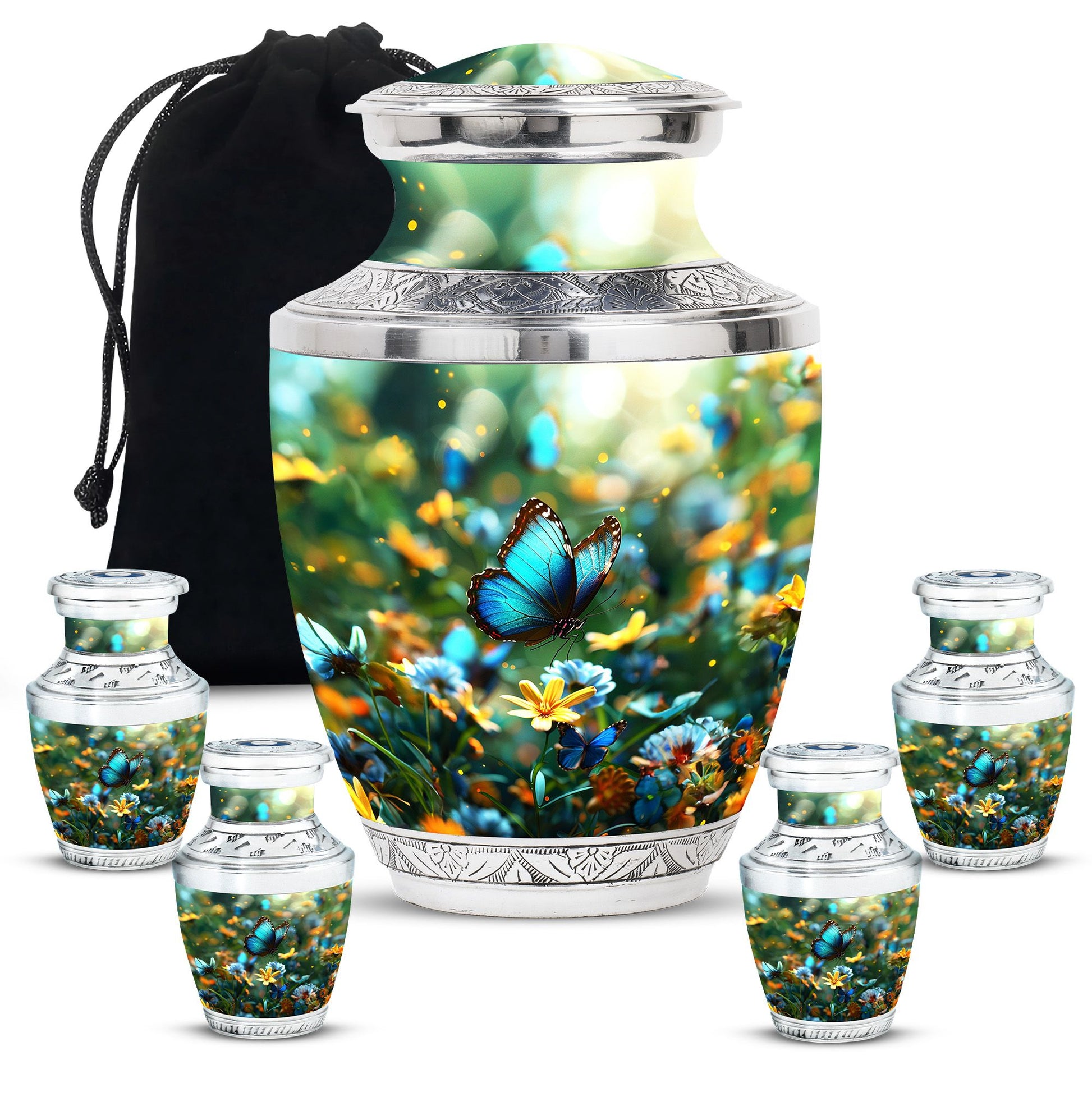 Butterfly Theme Large Urn With 4 Keepsake Urn