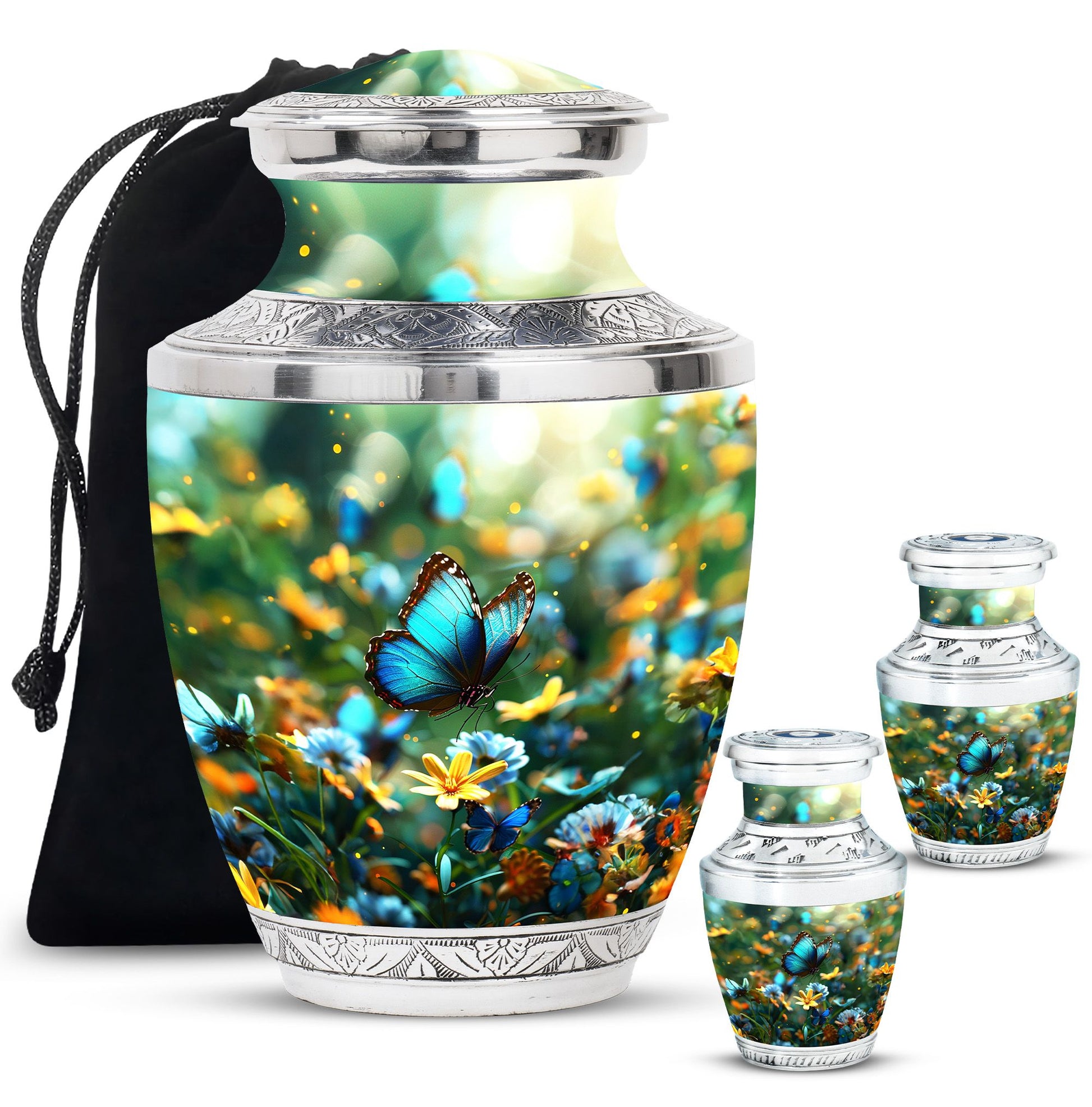 Butterfly Theme Large Urn With 2 Keepsake Urn