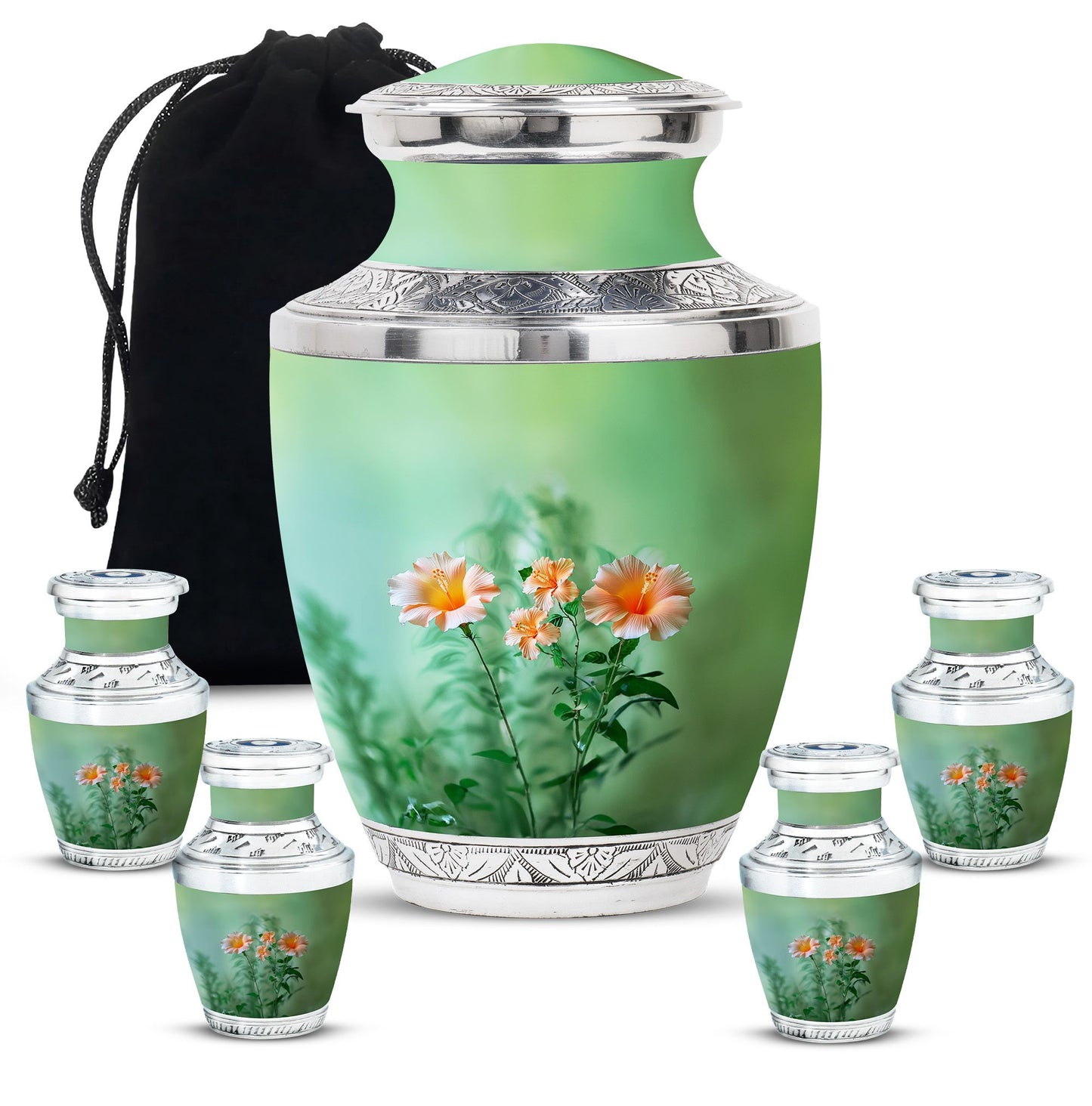 Flowers Theme Large Urn With 4 Keepsake Urn