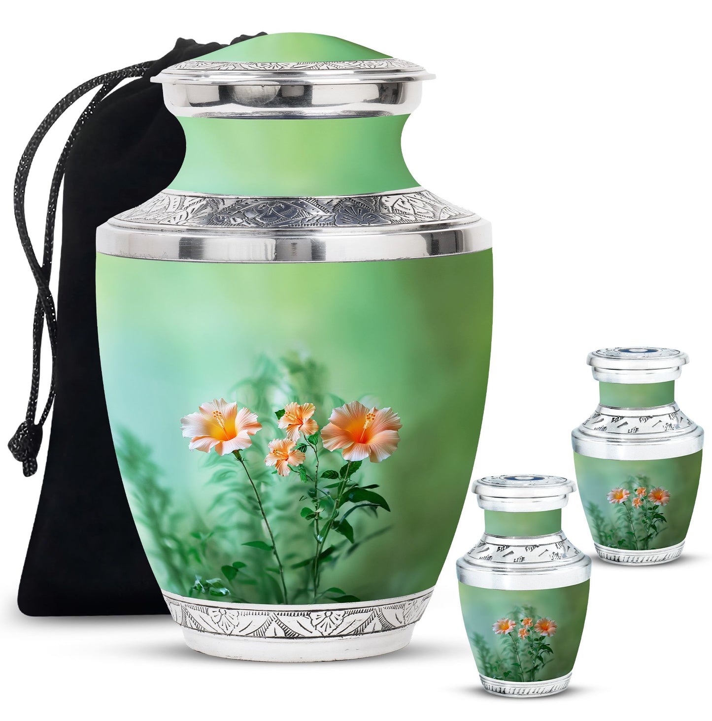 Flowers Theme Large Urn With 2 Keepsake Urn