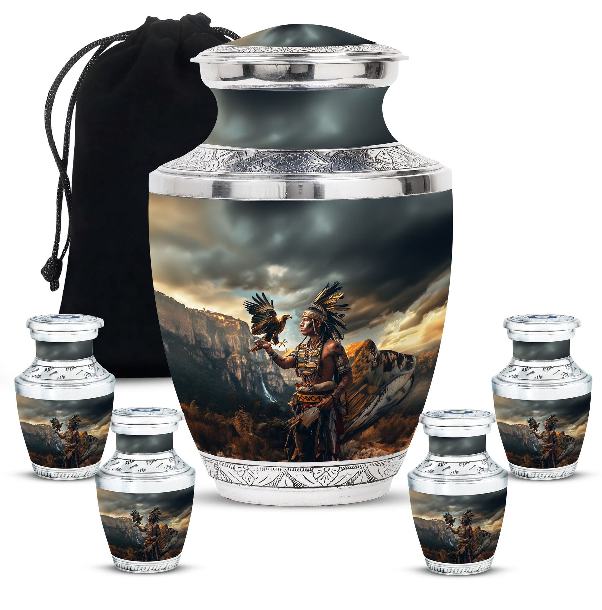 Tribe Man Theme Large Urn With 4 Keepsake Urn