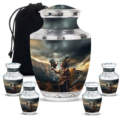 Tribe Man Theme Large Urn With 4 Keepsake Urn