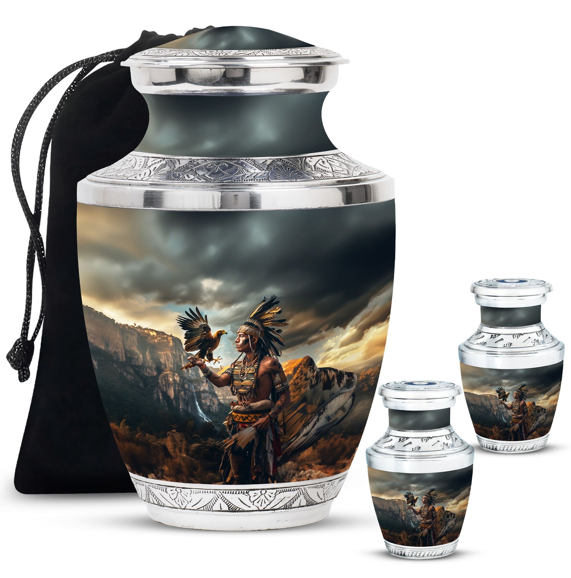 Tribe Man Theme Large Urn With 2 Keepsake Urn