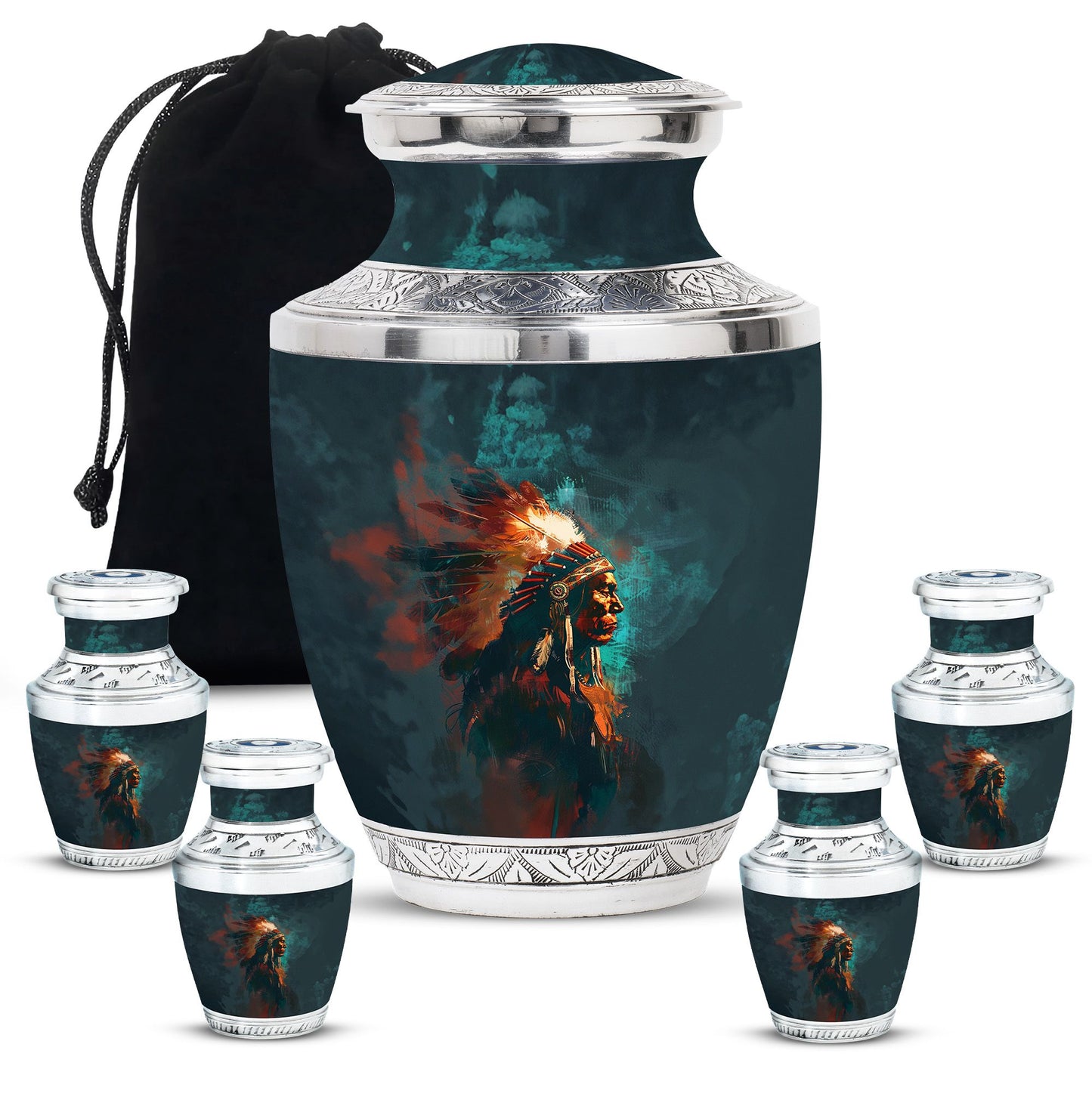 Tribe Man Theme Large Urn With 4 Keepsake Urn