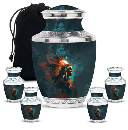 Tribe Man Theme Large Urn With 4 Keepsake Urn