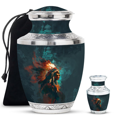 Tribe Man Theme Large Urn With 1 Keepsake Urn