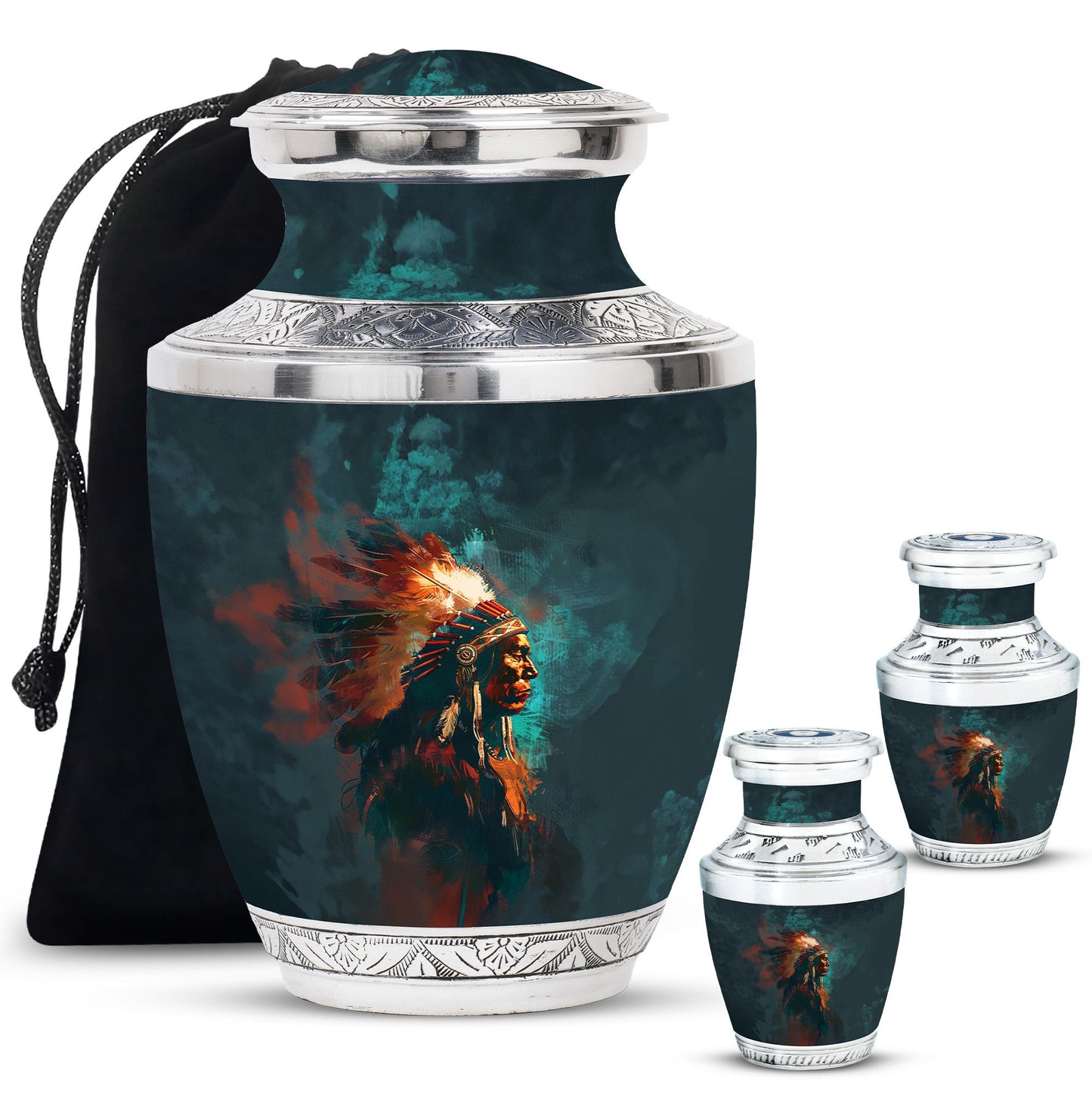Tribe Man Theme Large Urn With 2 Keepsake Urn