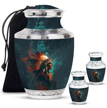 Tribe Man Theme Large Urn With 2 Keepsake Urn