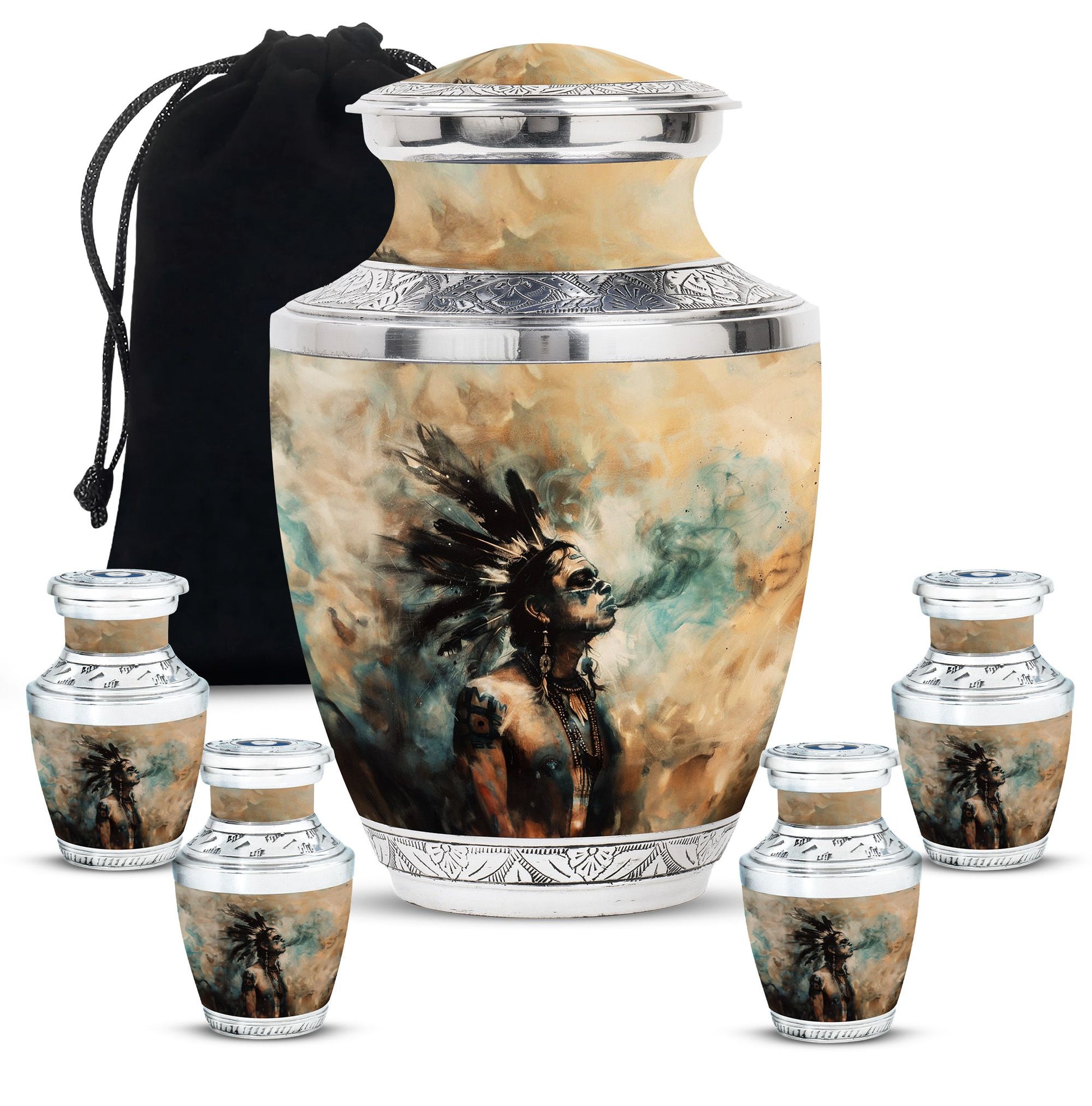 Tribe Man Theme Large Urn With 4 Keepsake Urn