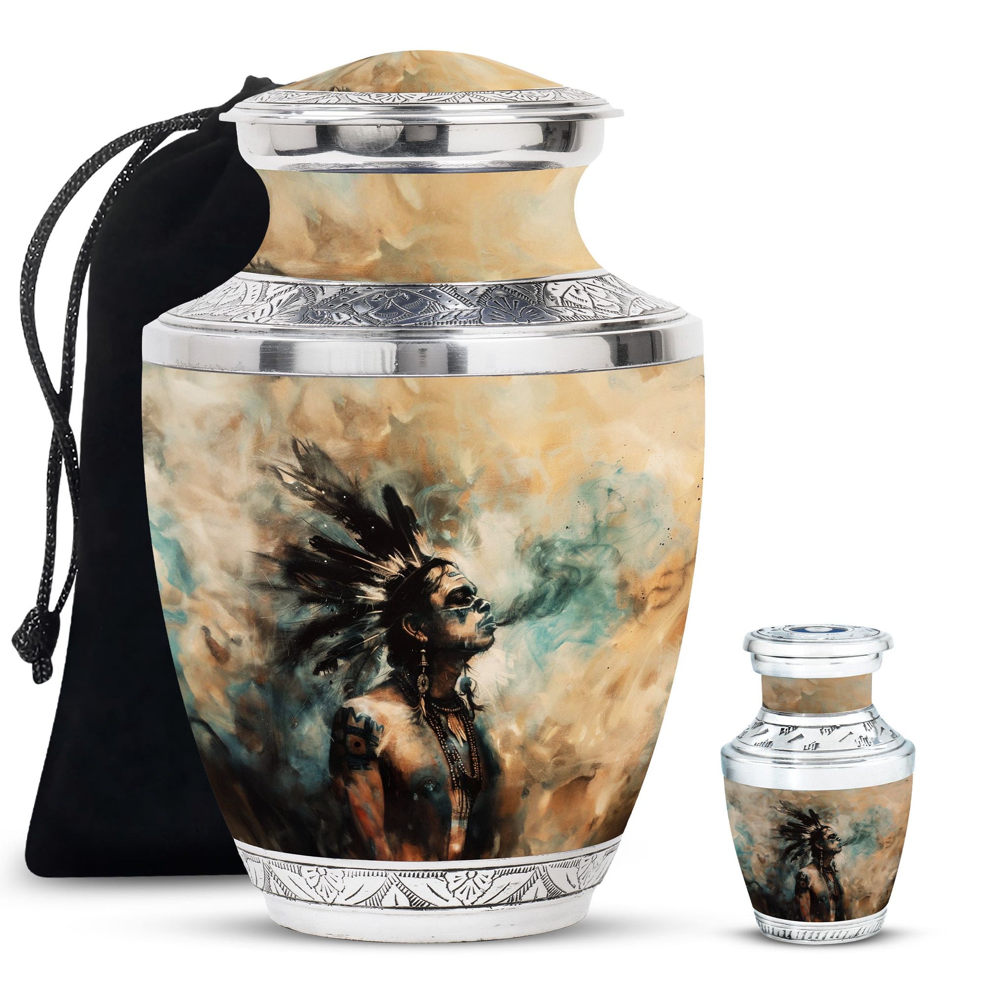 Tribe Man Theme Large Urn With 1 Keepsake Urn