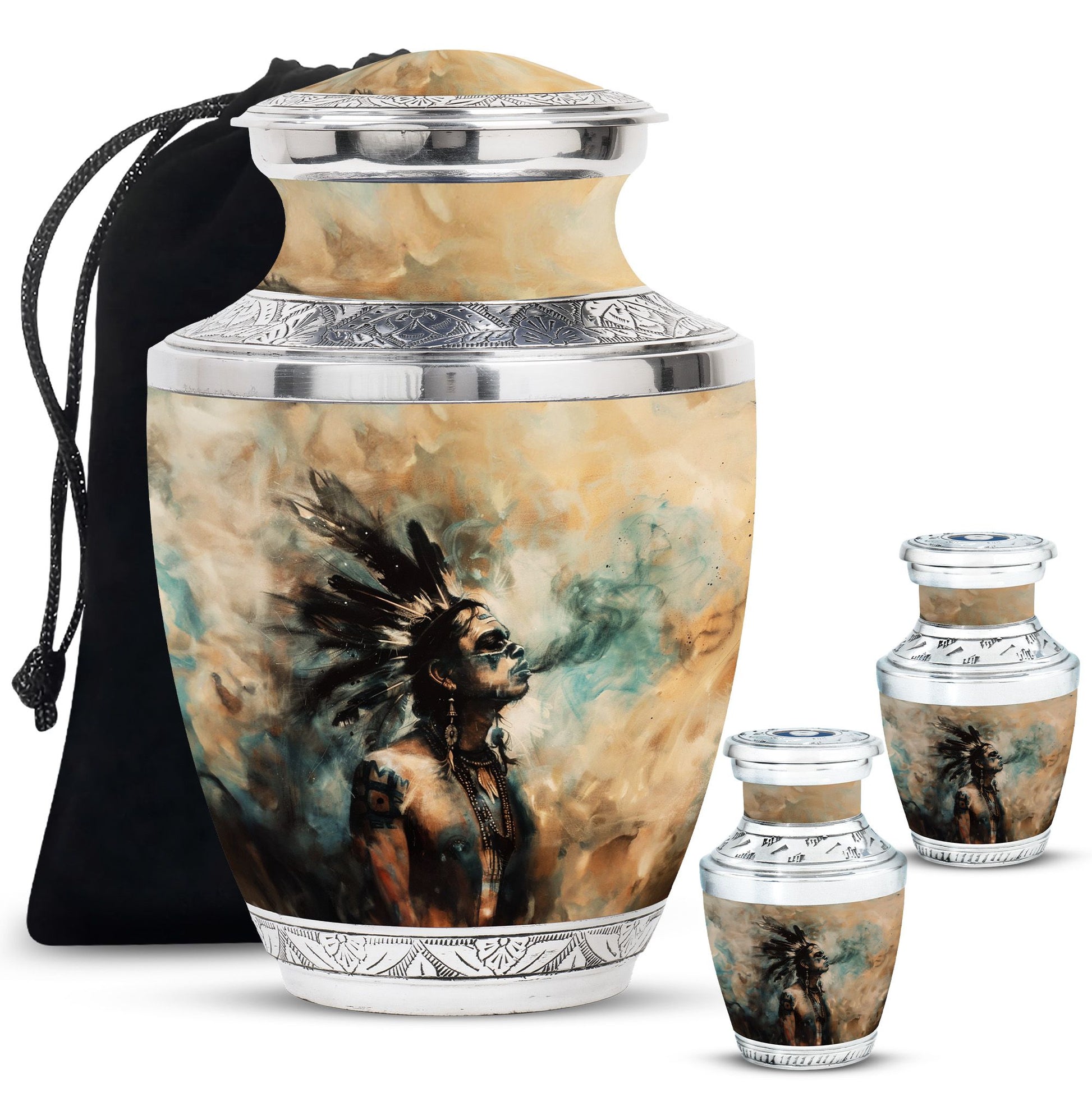 Tribe Man Theme Large Urn With 2 Keepsake Urn