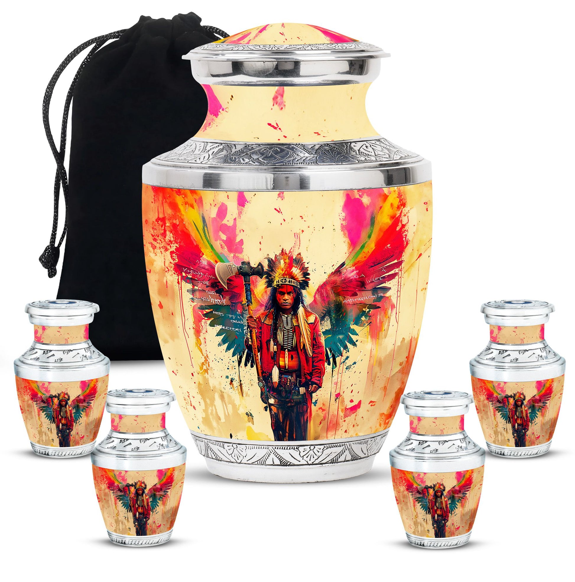 Tribe Man Theme Large Urn With 4 Keepsake Urn