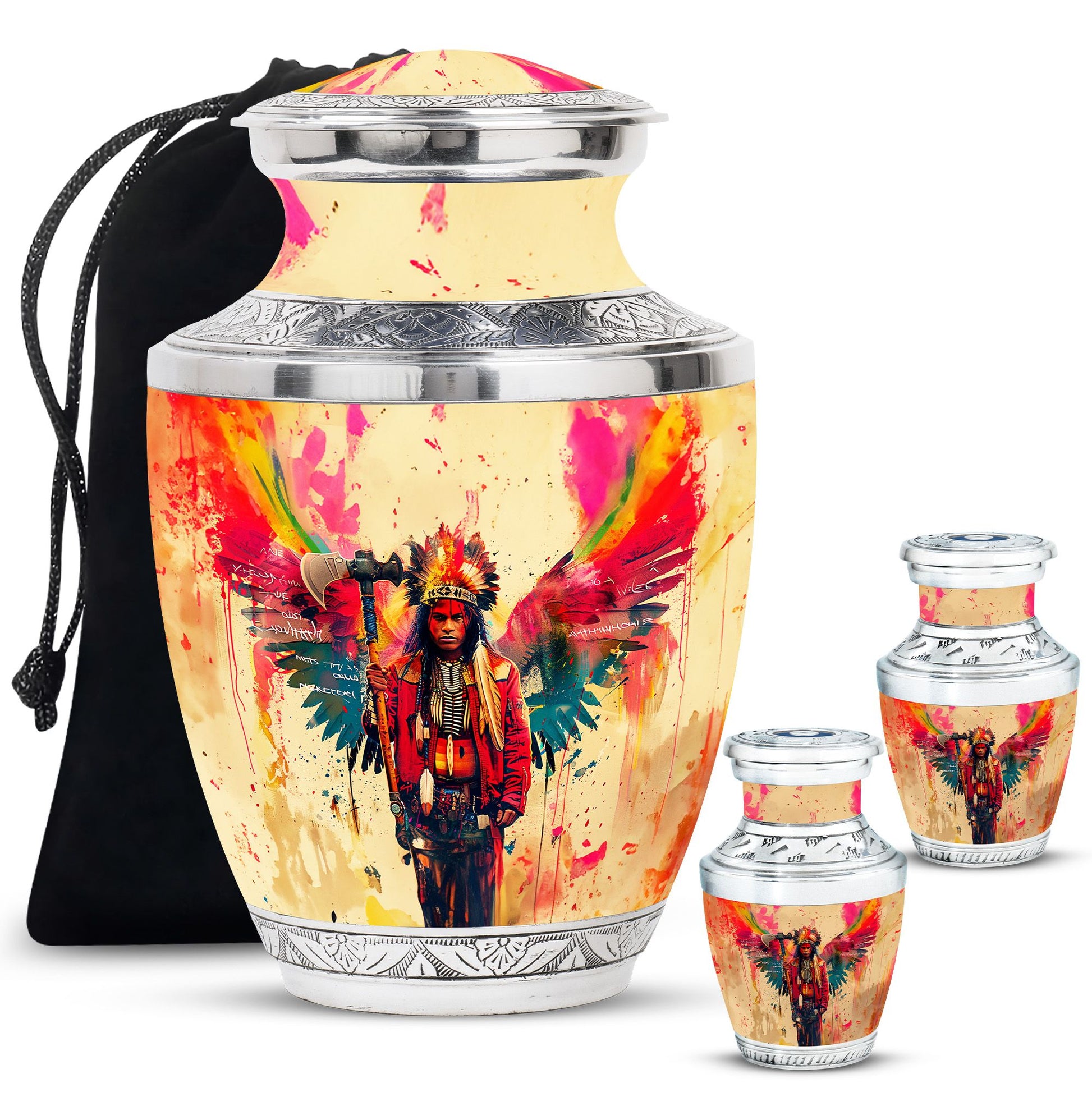 Tribe Man Theme Large Urn With 2 Keepsake Urn