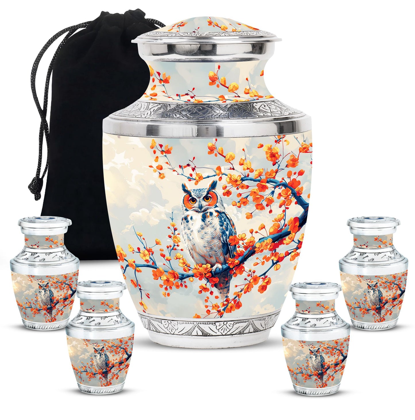 Owl Theme Large Urn With 4 Keepsake Urn