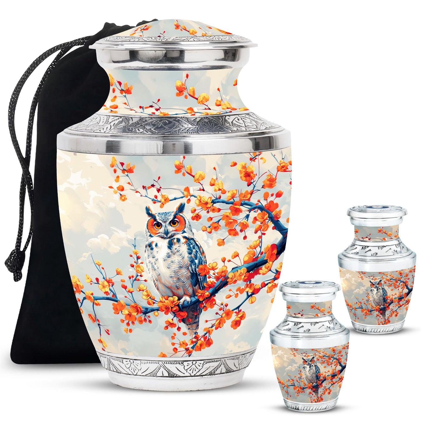 Owl Theme Large Urn With 2 Keepsake Urn