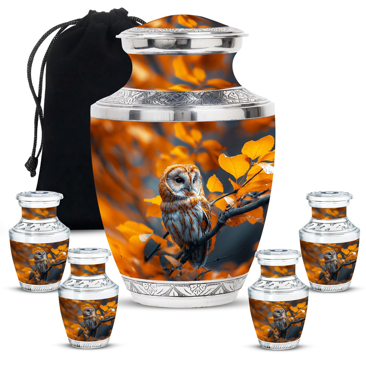 Owl Theme Large Urn With 4 Keepsake Urn