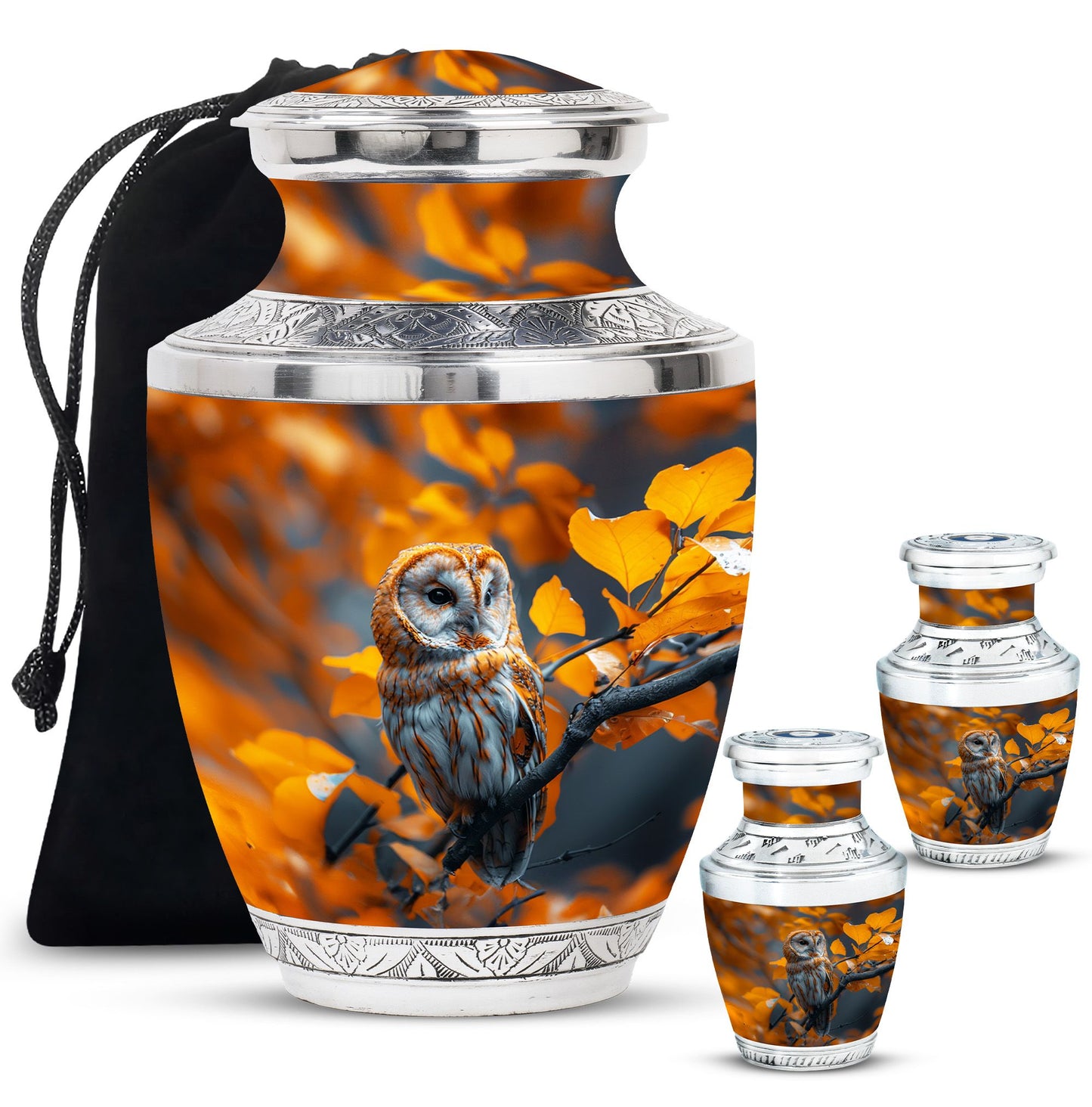 Owl Theme Large Urn With 2 Keepsake Urn