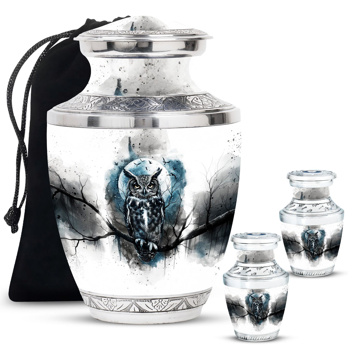 Owl Theme Large Urn With 2 Keepsake Urn