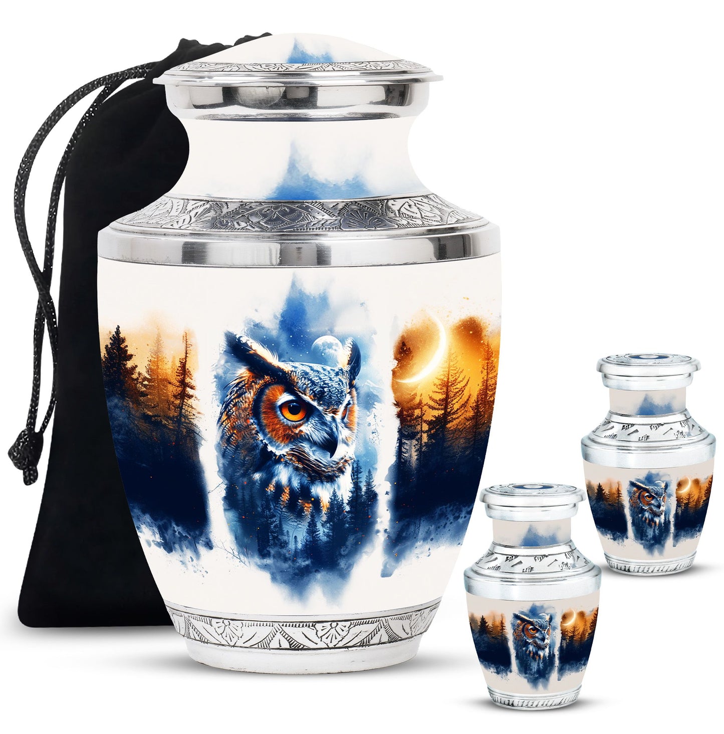 Owl Theme Large Urn With 2 Keepsake Urn