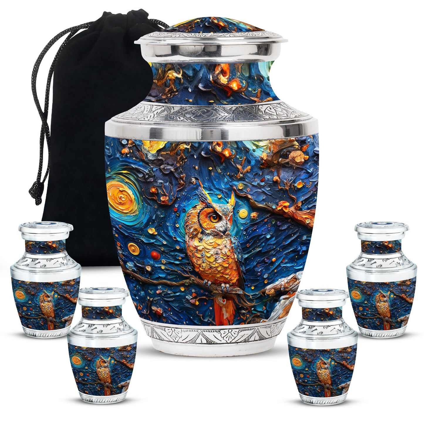Owl Theme Large Urn With 4 Keepsake Urn