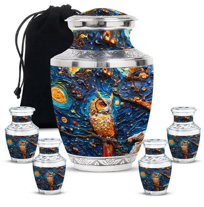 Owl Theme Large Urn With 4 Keepsake Urn